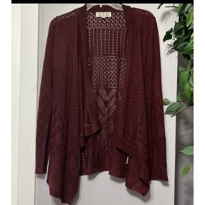 Pink Rose Burgundy Pointelle Knit Waterfall Cardigan Small Maroon‎ Chevron